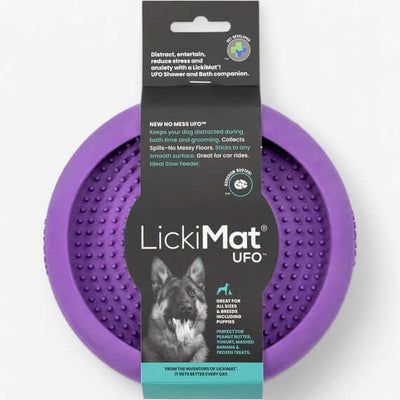 LickiMat UFO slow feeding bowl in purple, designed to entertain and reduce stress for dogs during bath time.